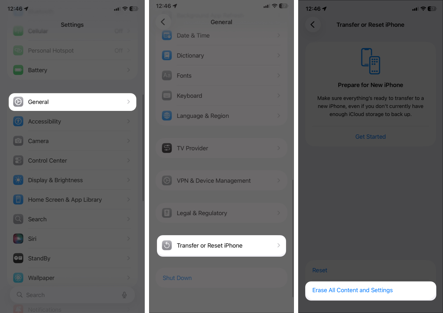 From Settings and General and SELECT Transfer or Reset iPhone, select Erase All Content and Setting