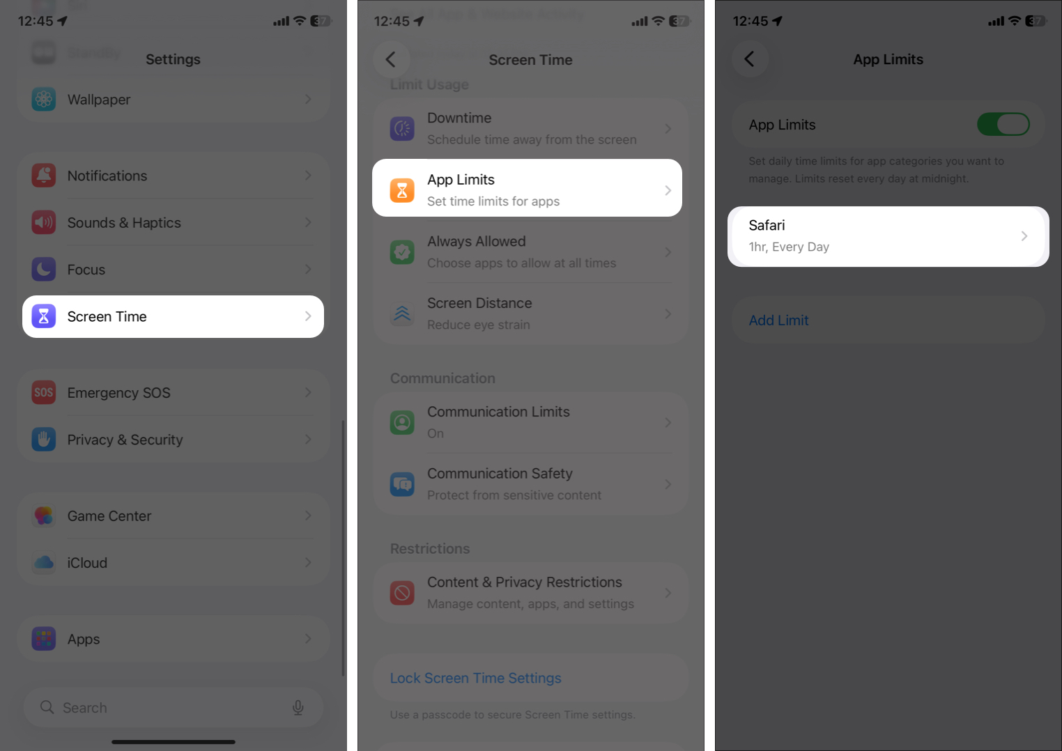 Go to Settings and Tap Screen Time, tap App Limits, and check if Safari is in the list.
