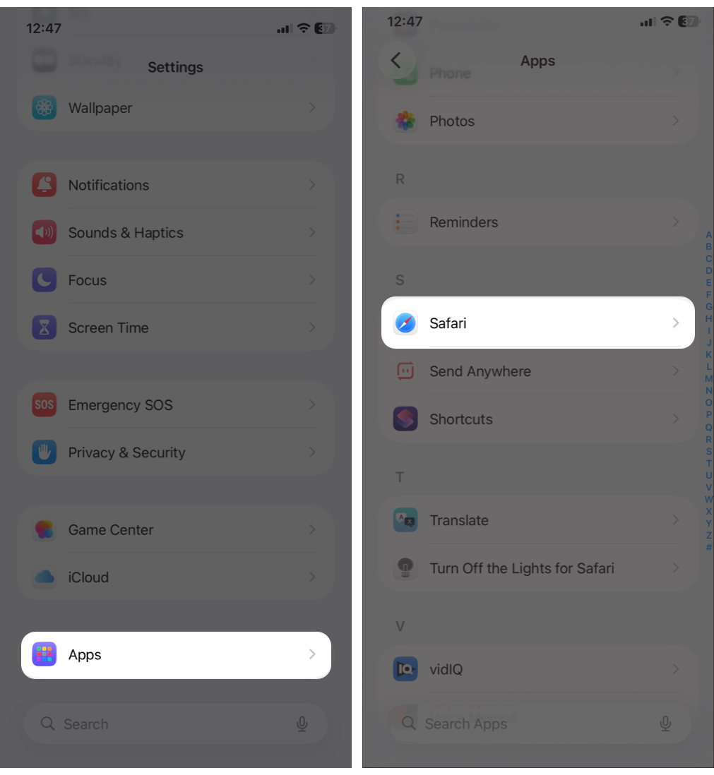 Navigate to Settings, select Apps and choose Safari