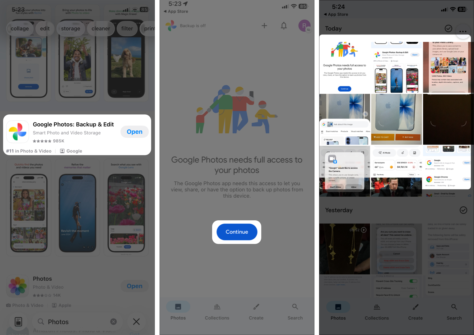 Open Google Photos, Tap Continue to Grant Access, and Select Your Photo.