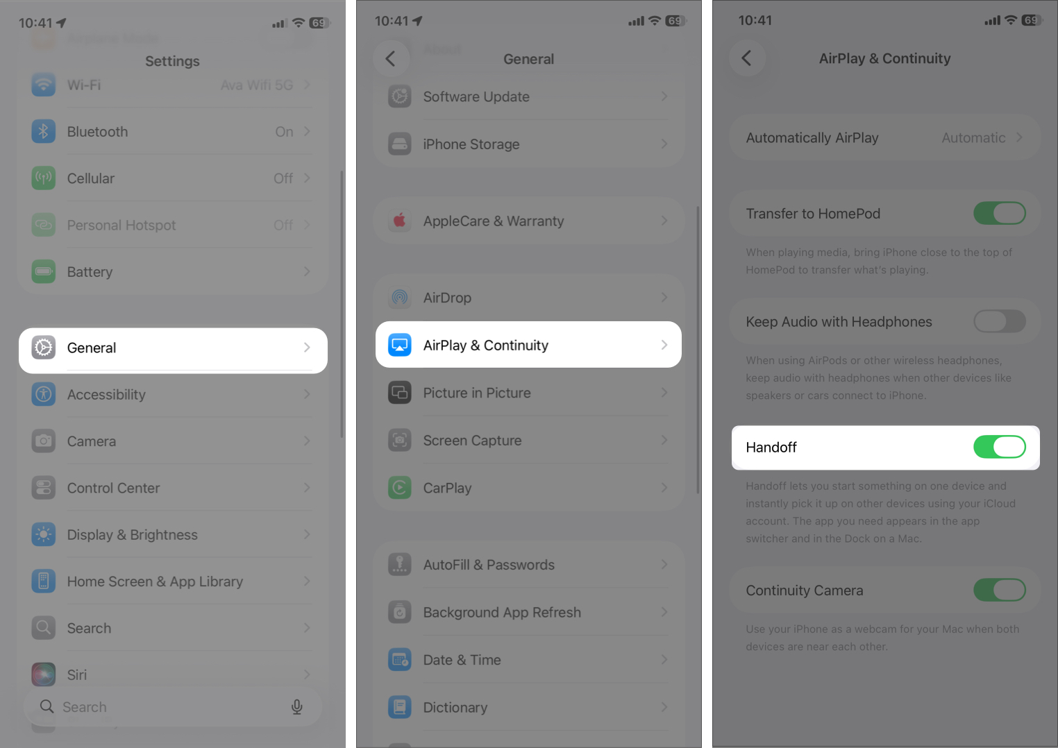Open Settings, Tap General, Select Airplay & Continuity, and Toggle Handoff to On.