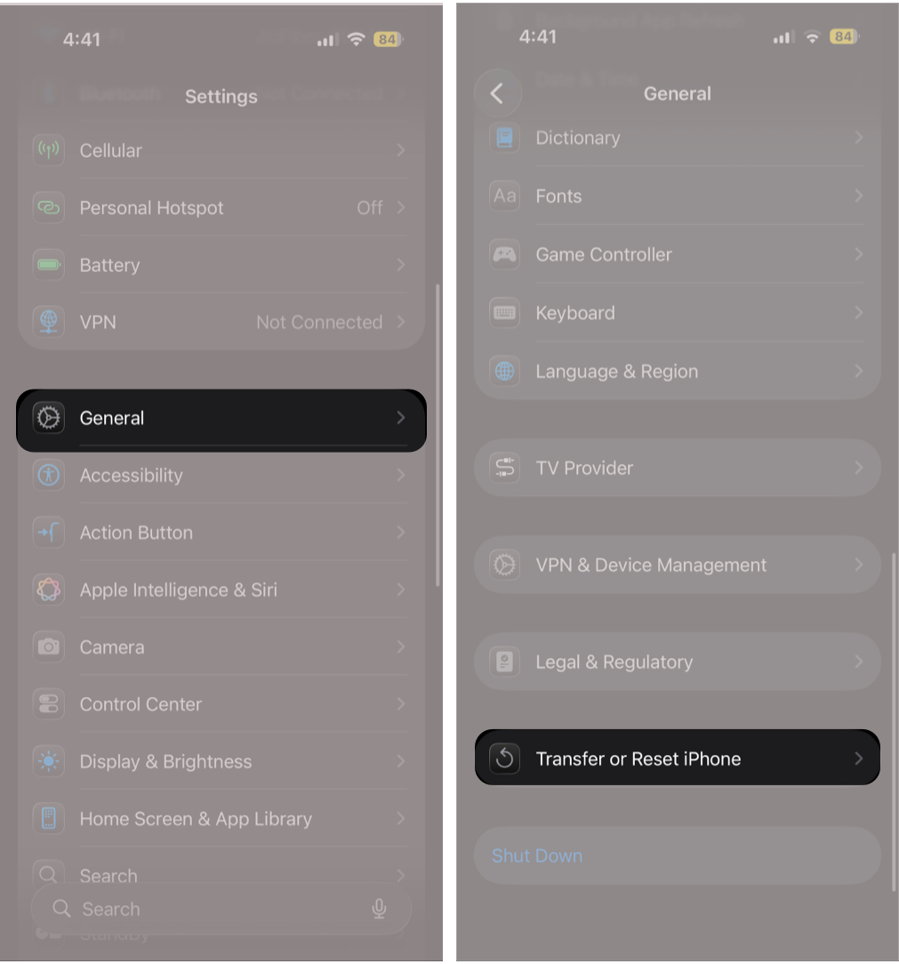 Open Settings, then General, and select Transfer or Reset iPhone.