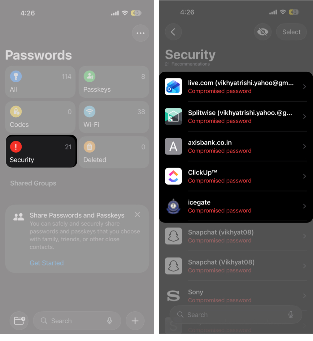 Open the Passwords App and Tap on  Security
