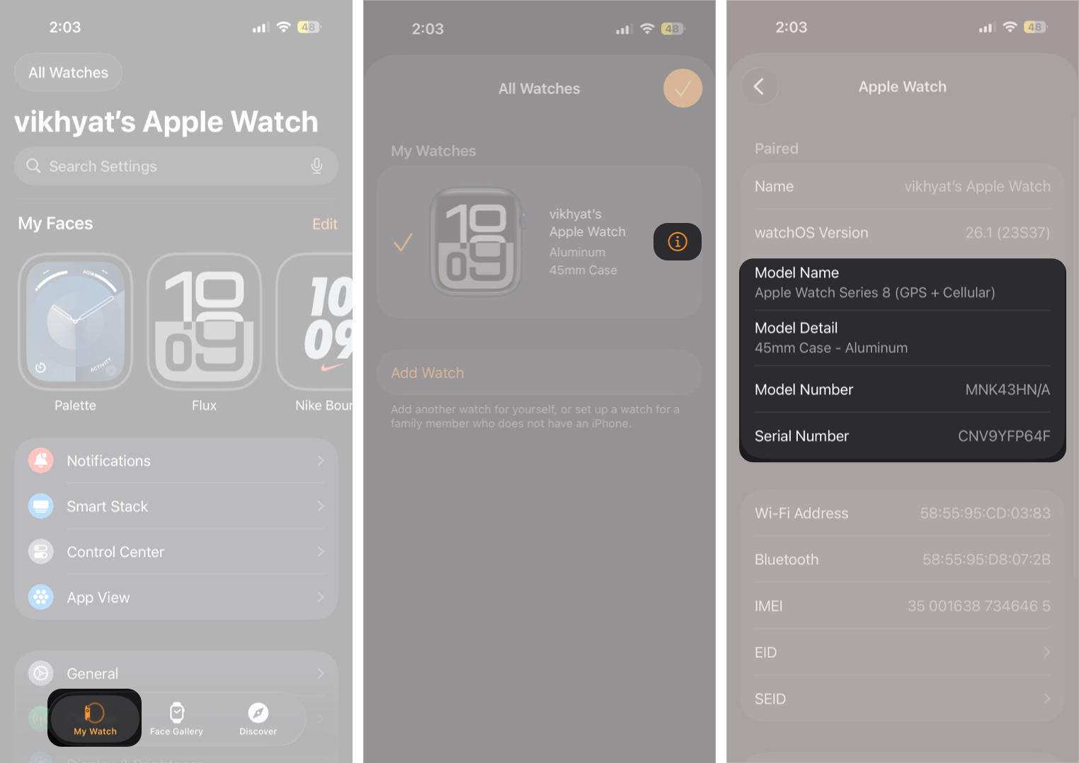 Open the Watch App, Tap All Watches , Tap the “I” Icon Next to Your Watch, and Check the Model Information