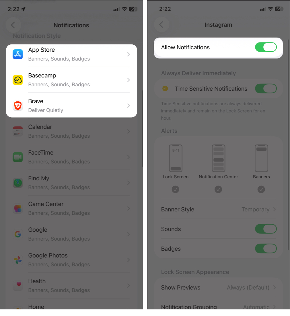 Select the Affected App and Toggle on Allow Notifications