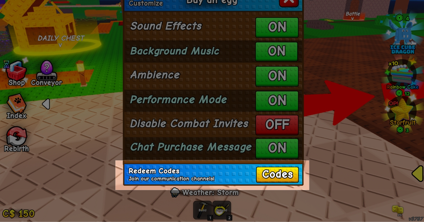 Select the Codes option in Settings menu