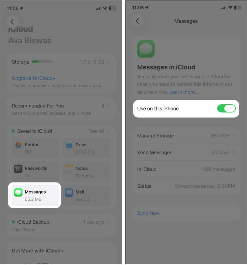 Tap Messages And Toggle on Use on this iPhone