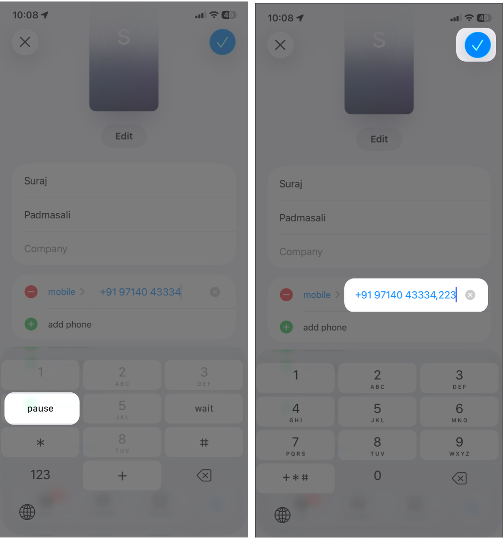 Tap Pause and Type the Extension Number the Save It