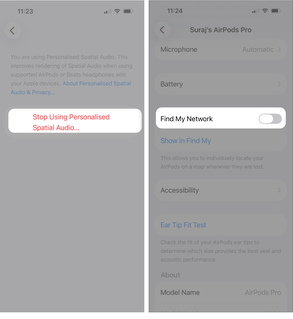 Turn Off Spatial Audio and Head Tracking and Find My Network
