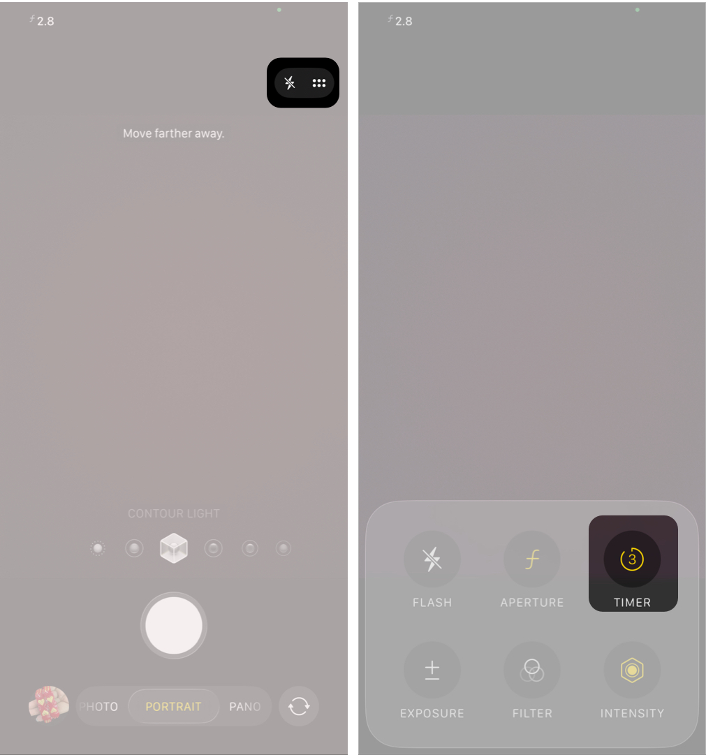 Accessing the Camera Timer and Lighting Filters on an iPhone.