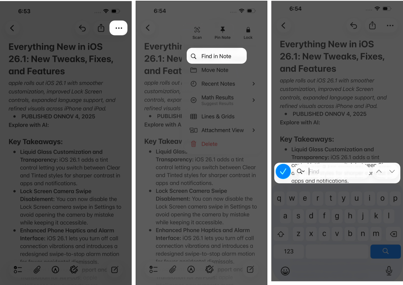 Accessing the Find in Note Tool in iPhone Notes.
