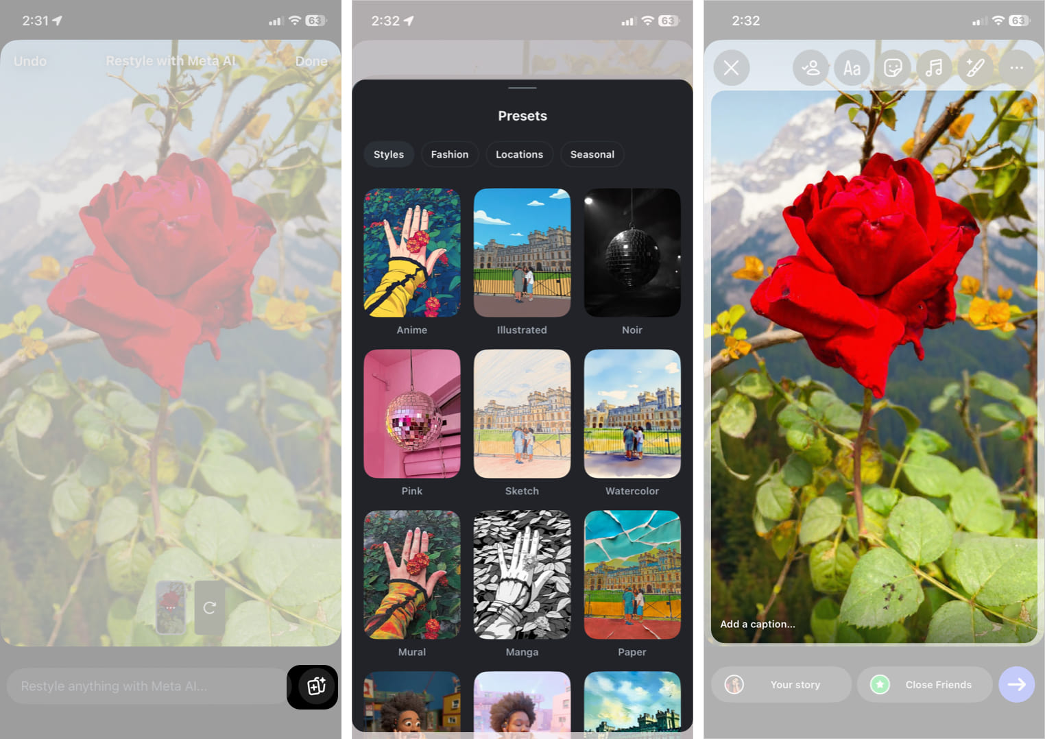 Applying AI Style Presets and Re-Generating Looks on an Instagram Story.