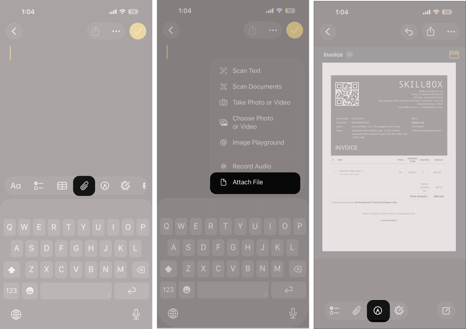 Attaching a PDF file to an iPhone Note.