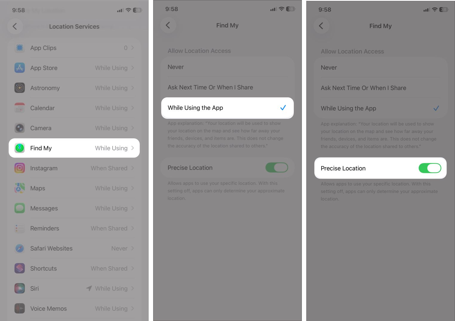 Configuring Find My Settings to Allow Location Access While Using the App With Precise Location Enabled
