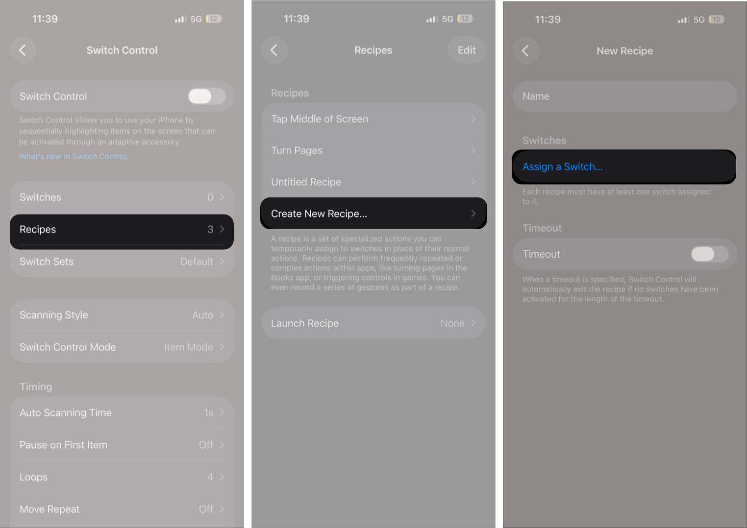 Creating a new Switch Control Recipe on an iPhone