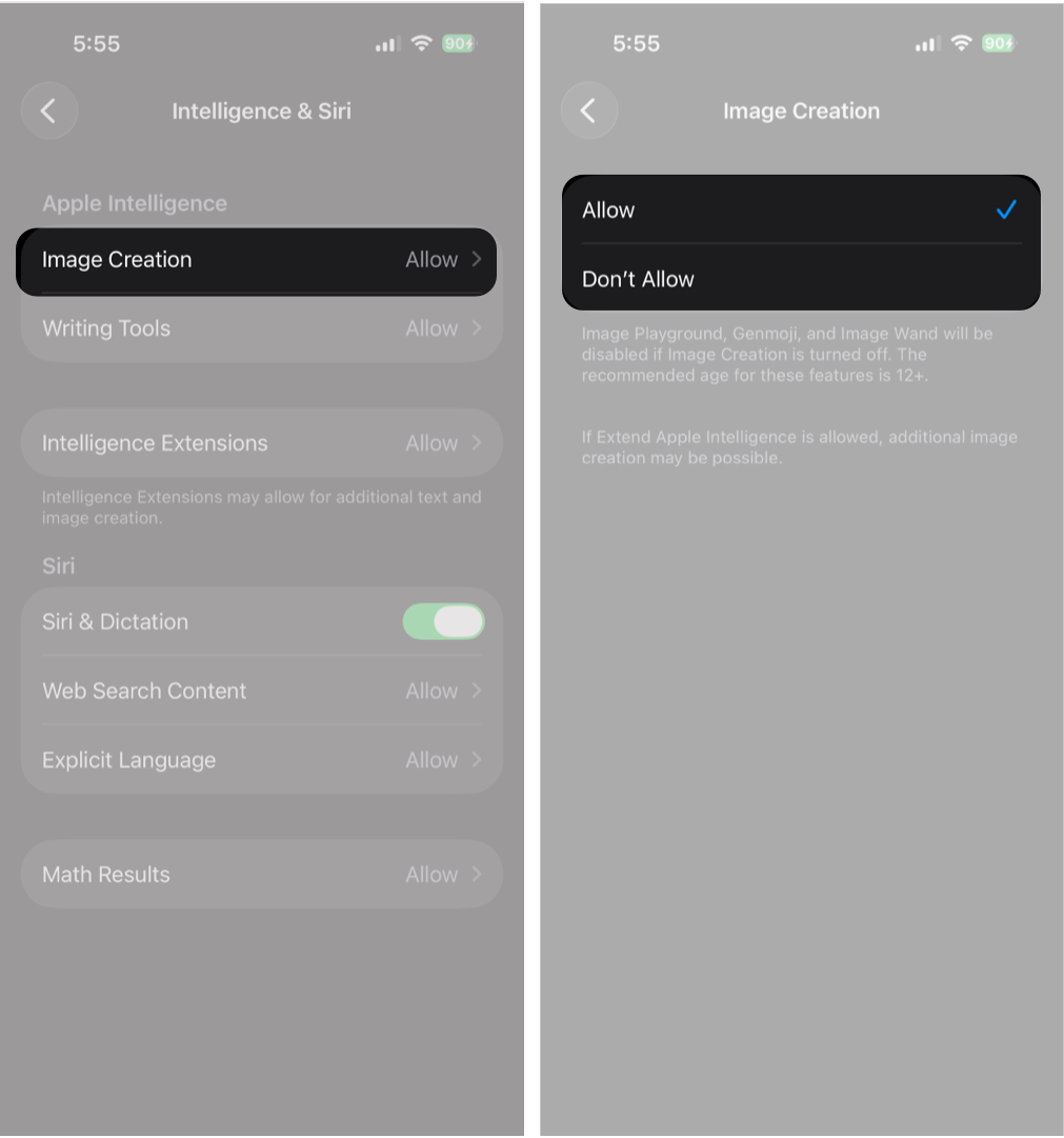 Enabling Apple Intelligence Image Creation in iPhone settings