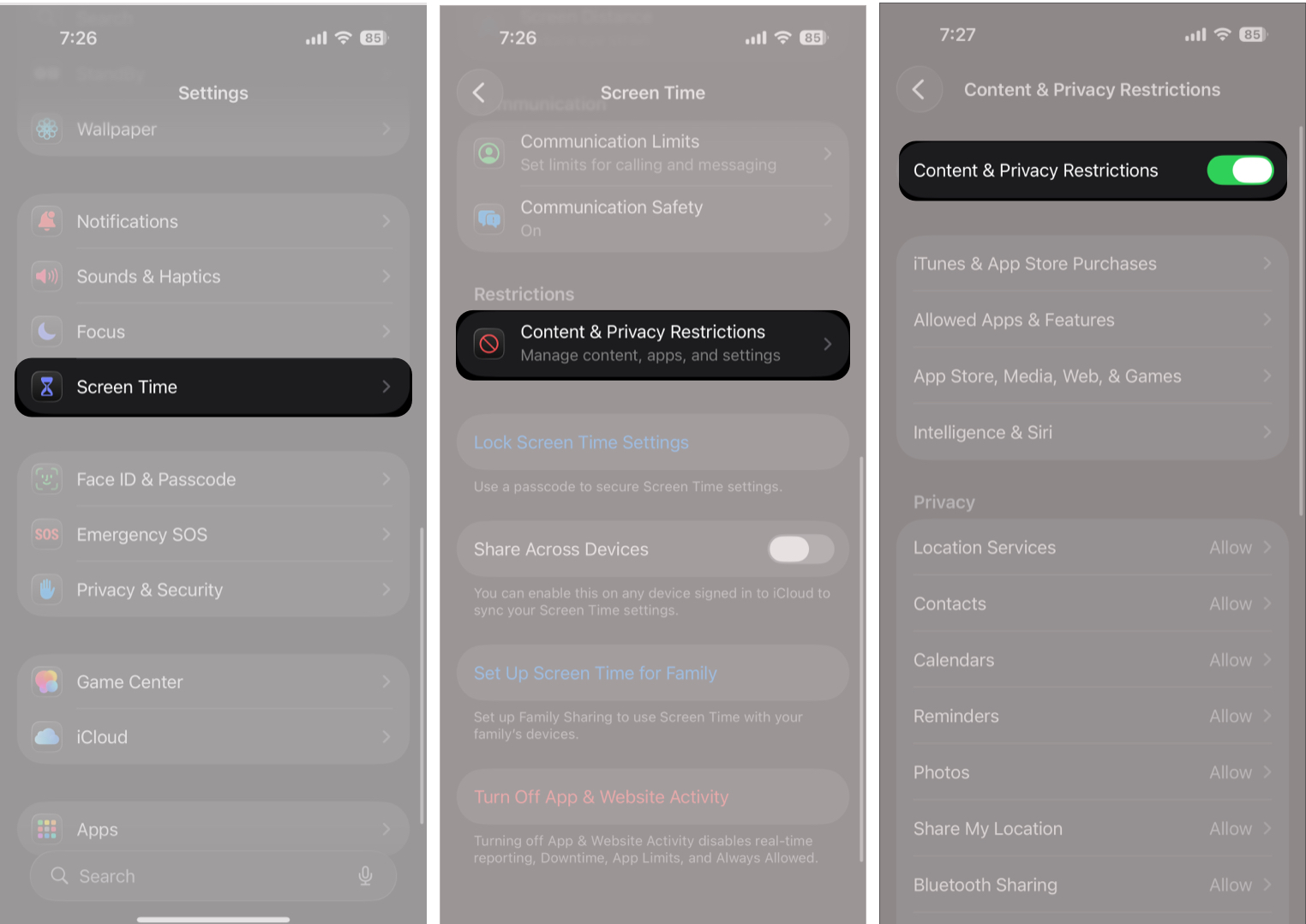 Enabling Content and Privacy Restrictions Within the Screen Time Settings on an iPhone