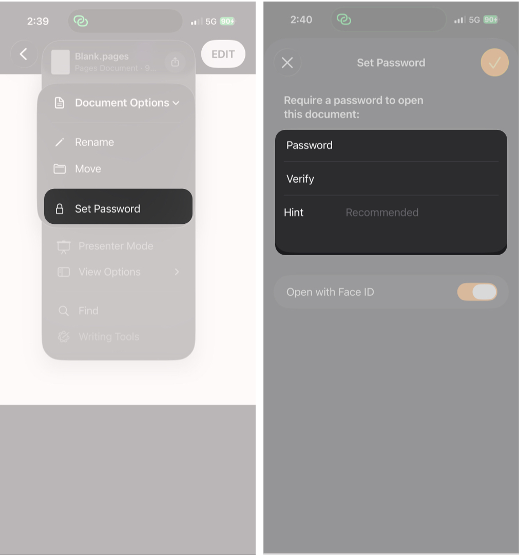 How to Password Protect Pages, Numbers, and Keynote on iPhone, iPad, and Mac β iGeeksBlog Enabling Face ID for document access on iPhone.
