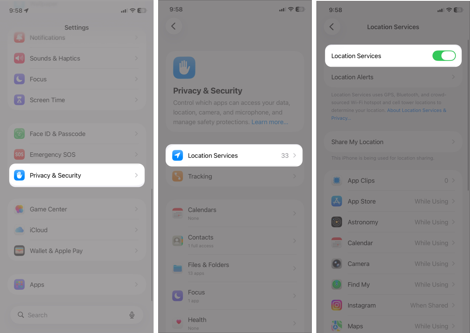 Enabling Location Services in the Privacy and Security Menu of the iPhone Settings App