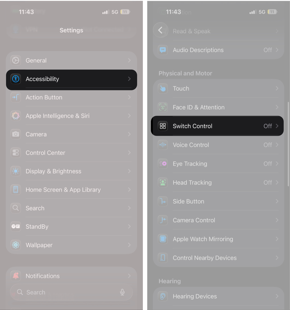 Navigating to the Switch Control menu on an iPhone