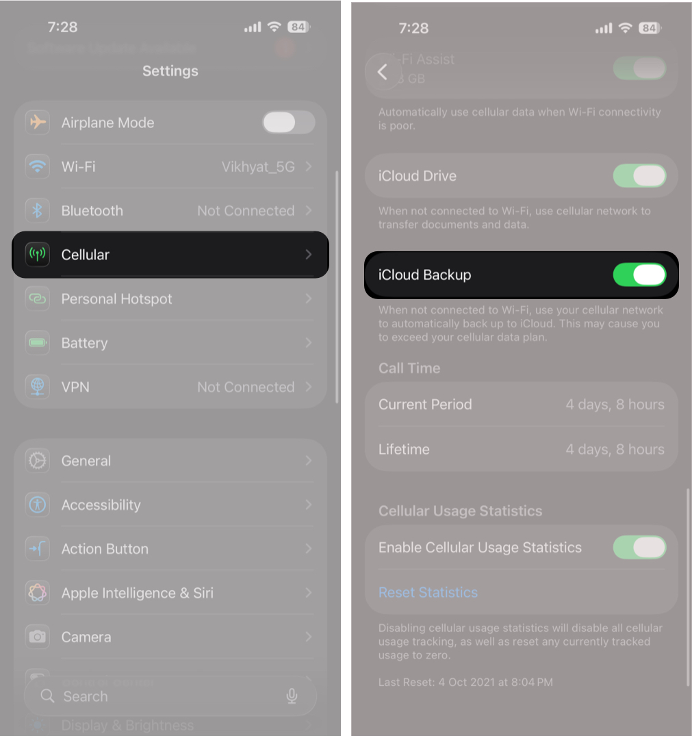Open Settings, Tap Cellular, Then Scroll Down and Toggle off Icloud Backup