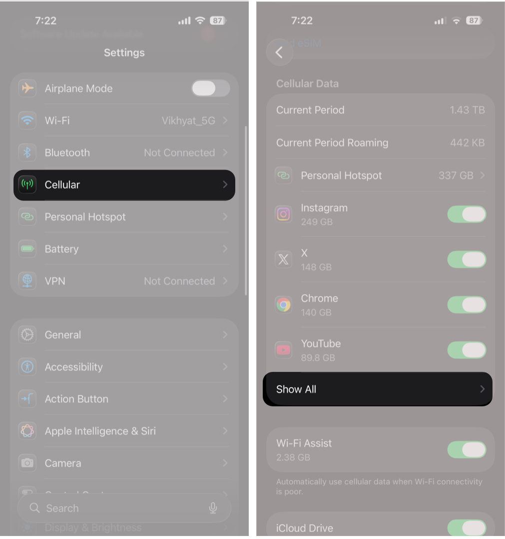 Open Settings, Tap Cellular, and Then Tap Show All Under the Cellular Data Section.