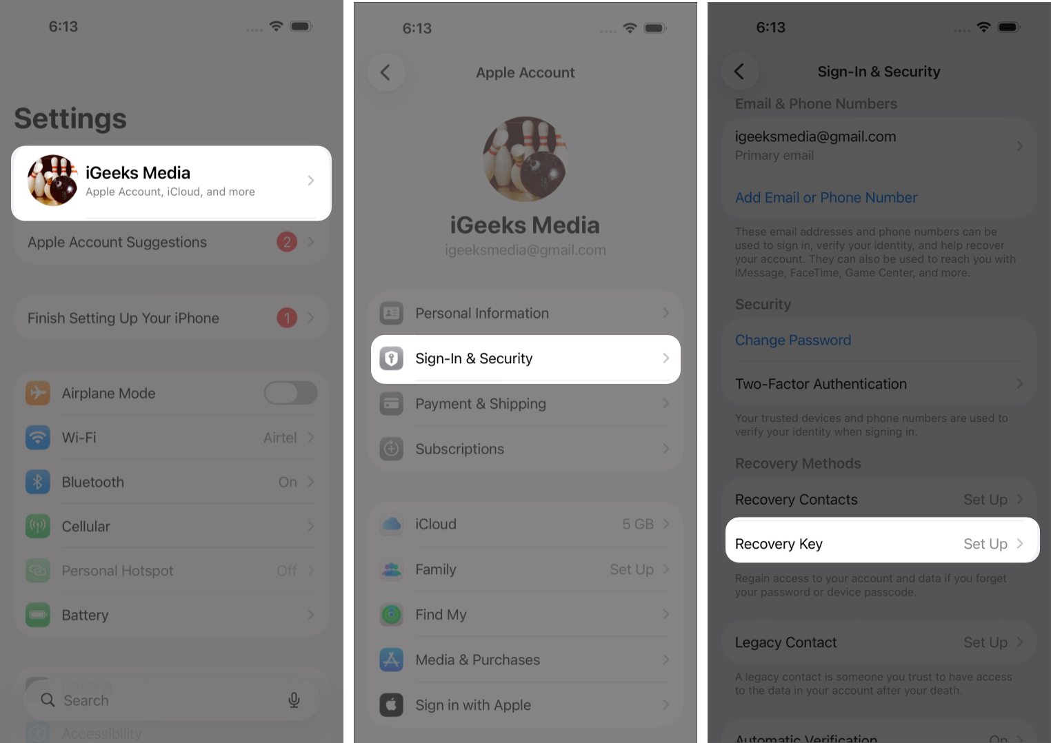 Open Settings, Tap Your Apple Account Name, Select Sign-in and Security, Then Tap Recovery Key.