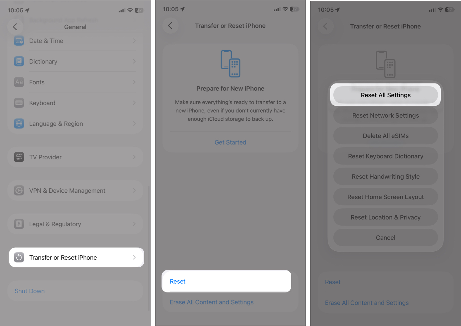 Select Transfer or Reset iPhone, Tap Reset, and Then Choose Reset All Settings.
