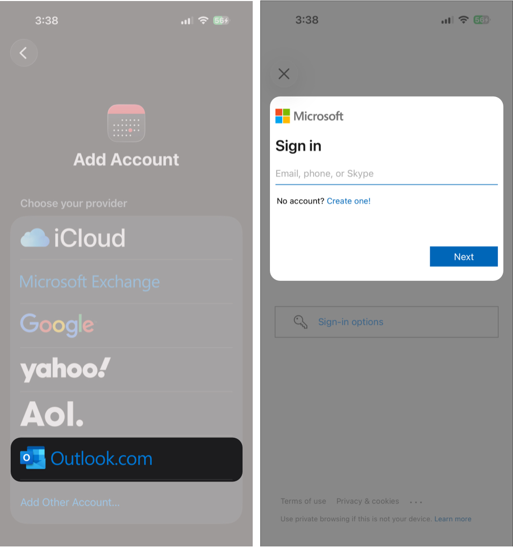 Signing in and Saving an Outlook Account to iPhone.