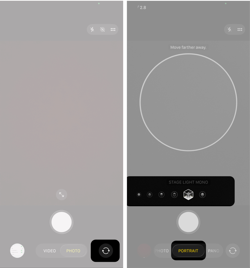 Switching to Front Camera and Selecting Portrait Mode on an iPhone.