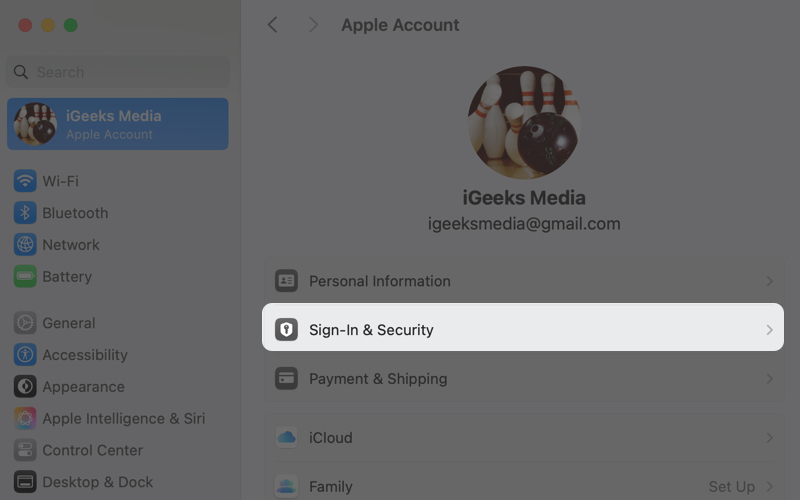 System Settings and Select Sign-in & Security