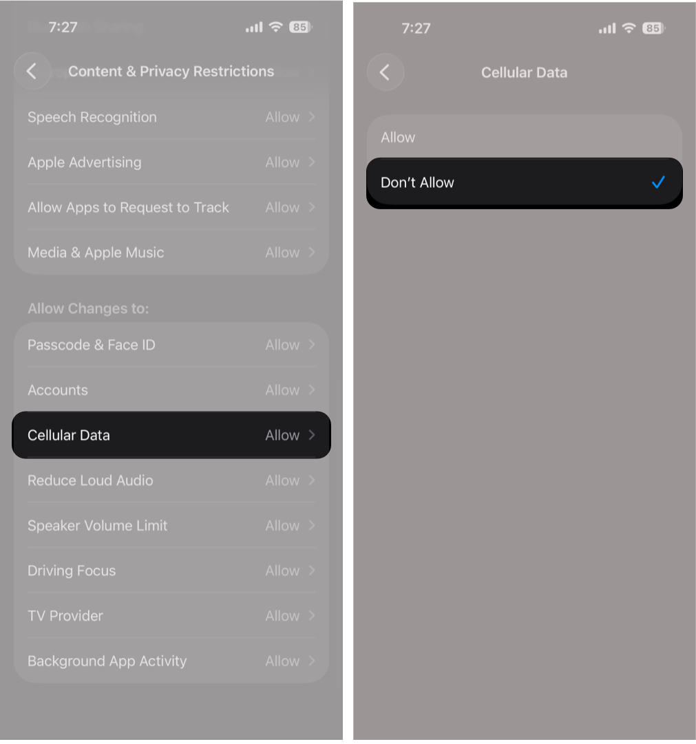 Tap Cellular Data Under Allow Changes Next, Select the Don’t Allow Option.