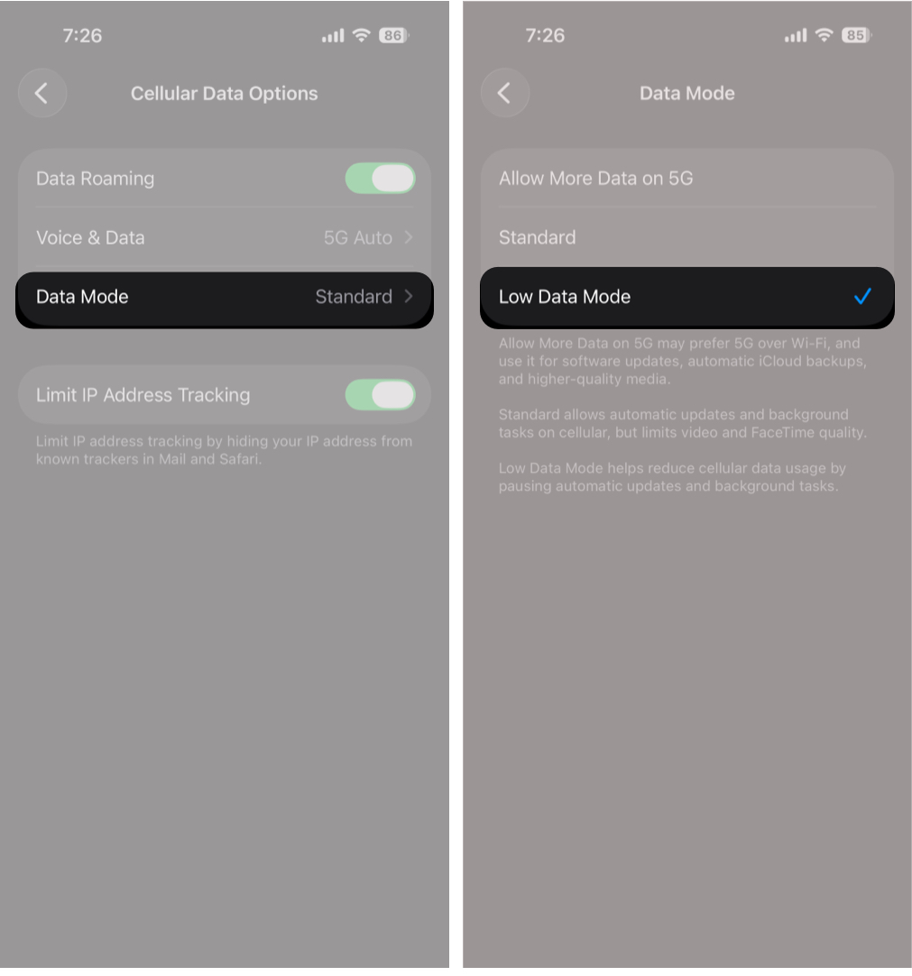Tap Data Mode and Select Low Data Mode.