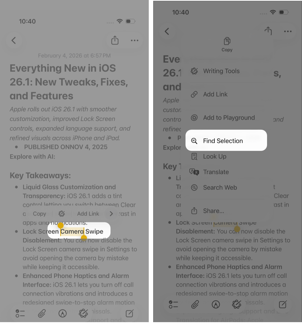 Using Find Selection in iPhone Notes.