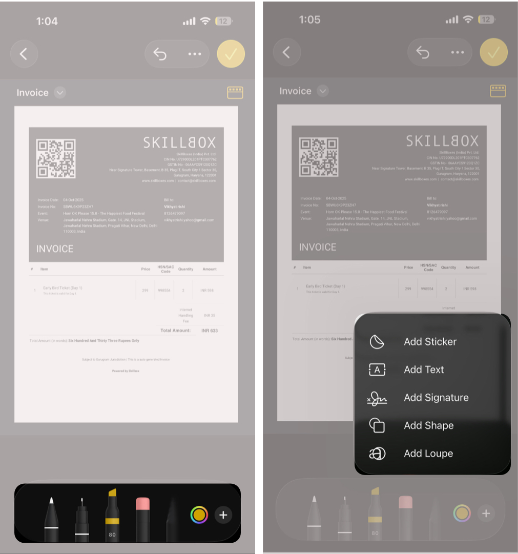 Using Markup tools on a PDF within iPhone Notes.