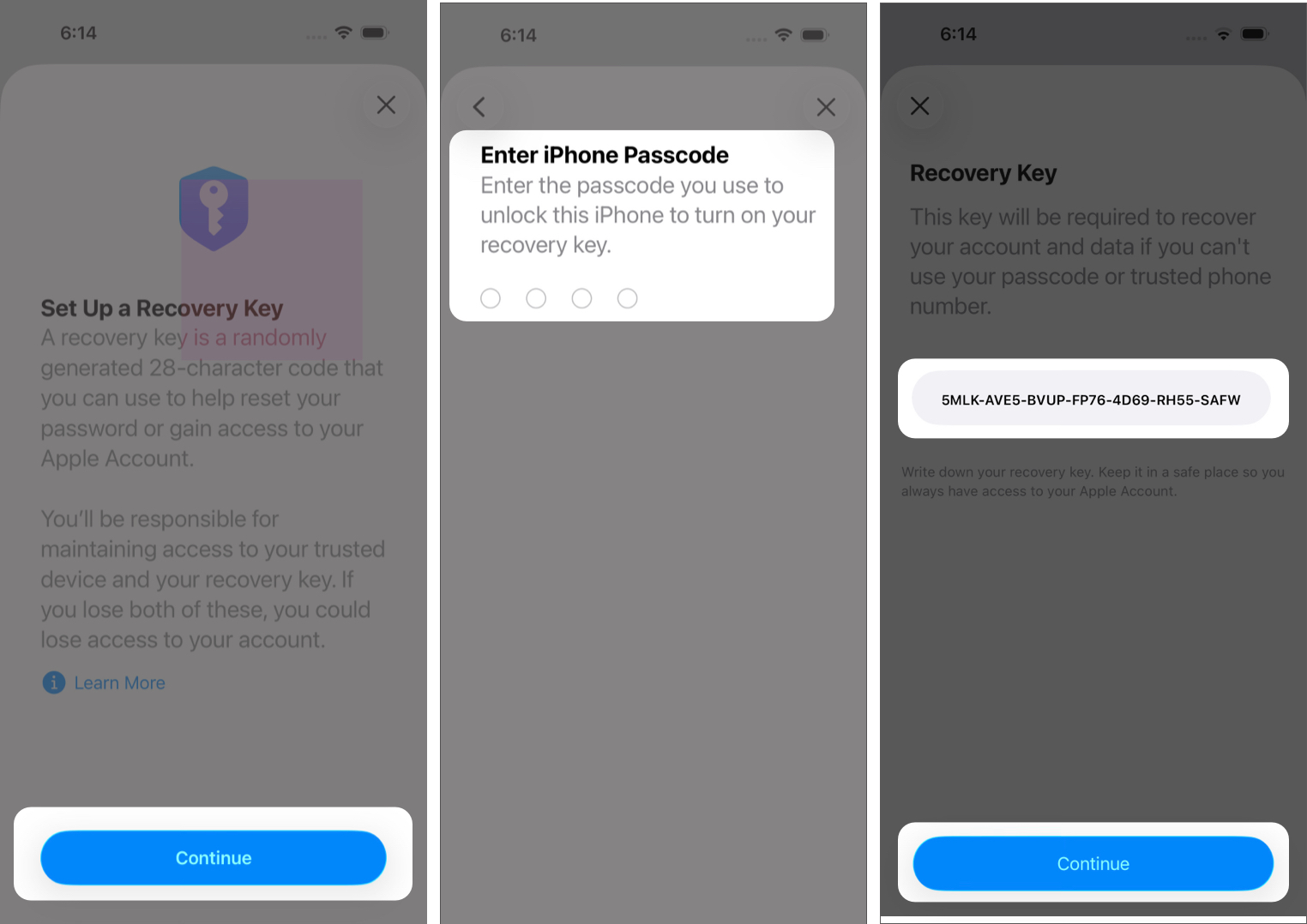 Viewing the 28 character recovery key