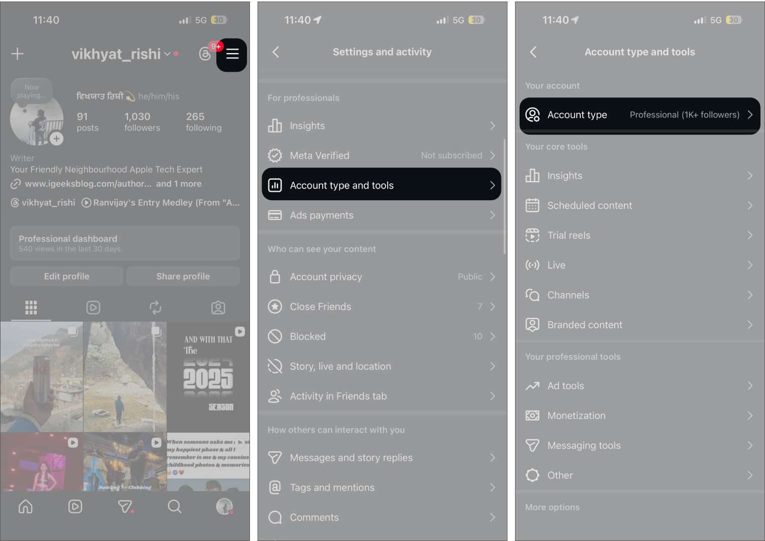 Instagram Profile and Tap The Hamburger and Select Account Type And Tools