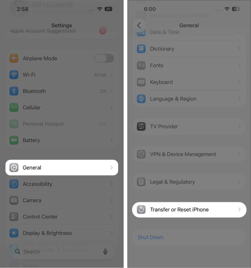 Navigating to the Reset and Transfer Options in iPhone