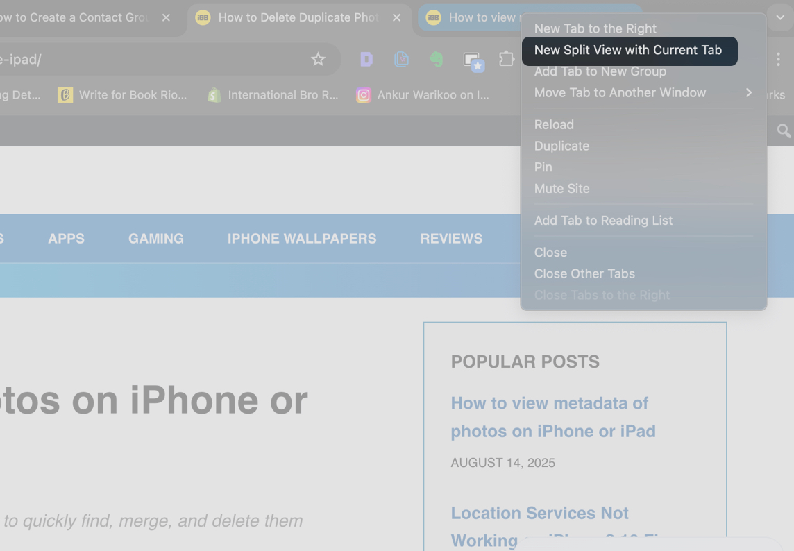 Select New Split View with Current Tab