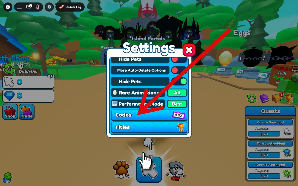 Select the Codes button in Tap Simulator Roblox Game