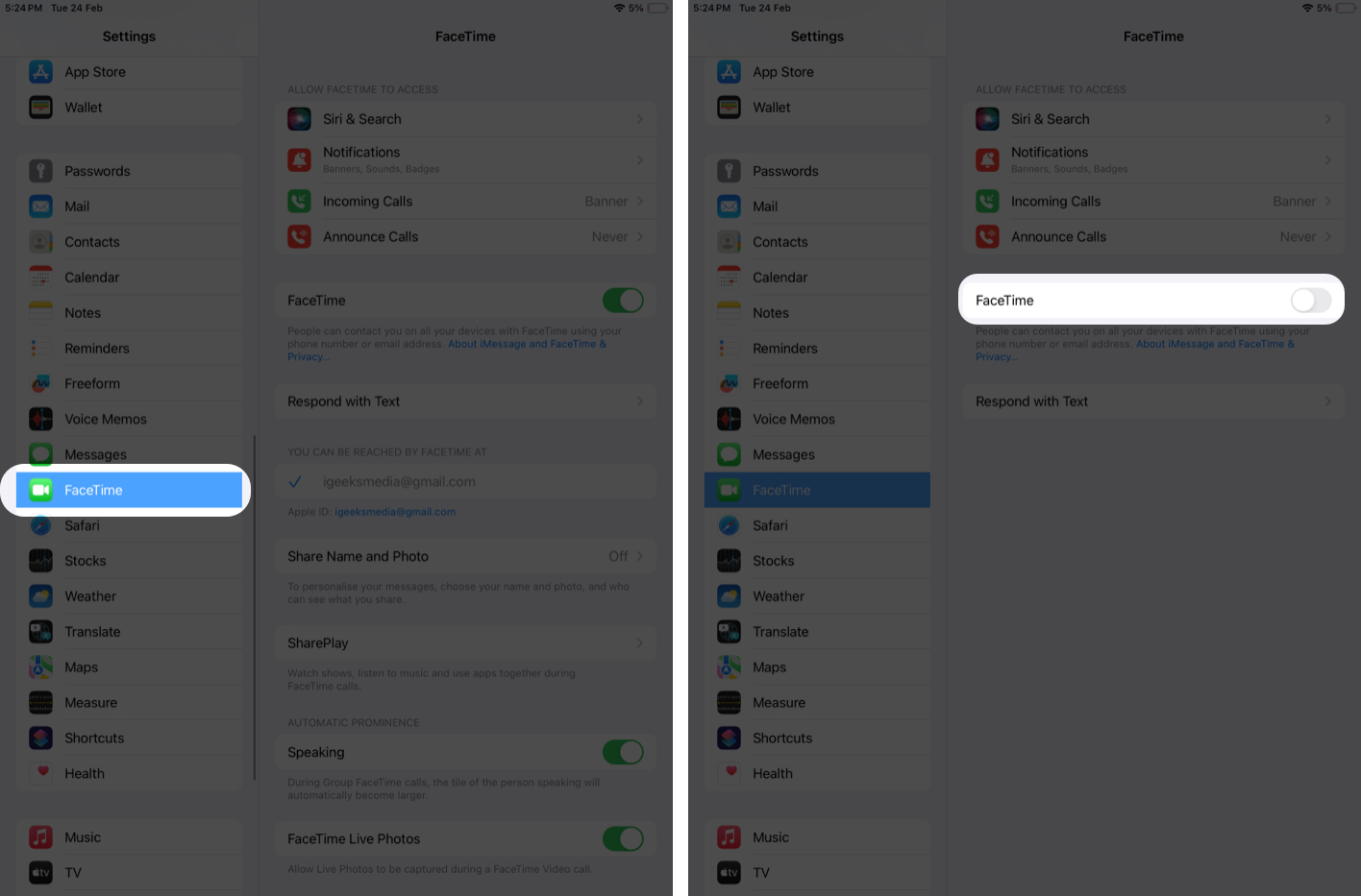 Stop FaceTime Calls from Ringing in iPad