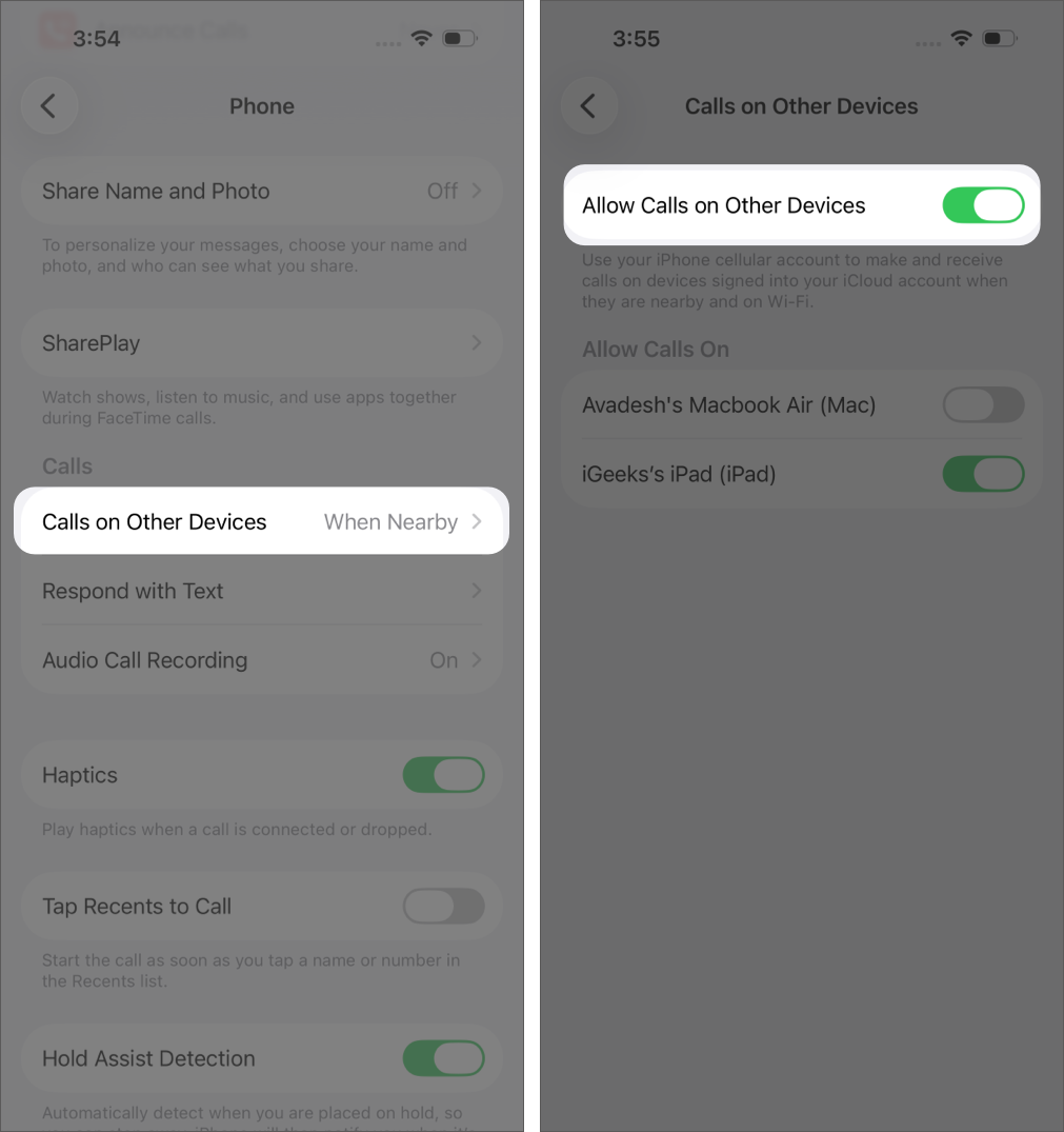 Toggle off Allow Calls on Other Devices
