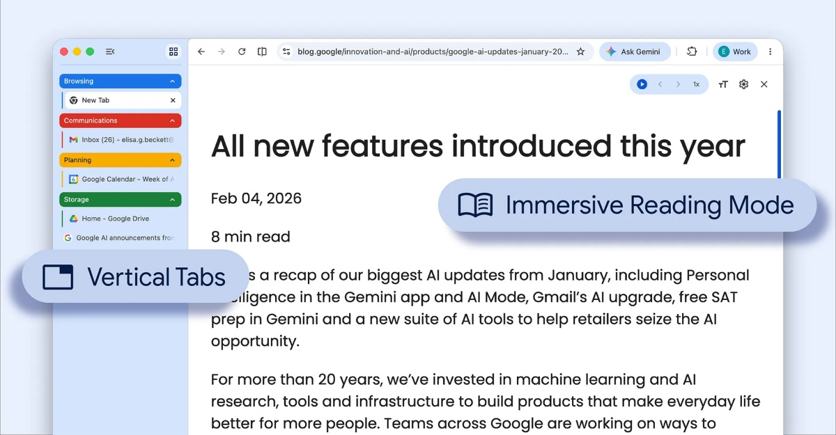 Google Chrome adds vertical tabs and a cleaner reading mode