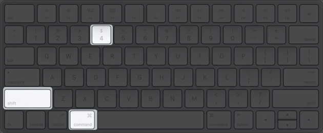 Command + Shift + 4 for custom screenshots