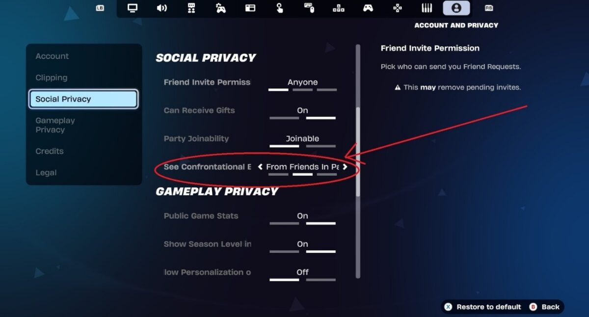 Fortnite Social Privacy section