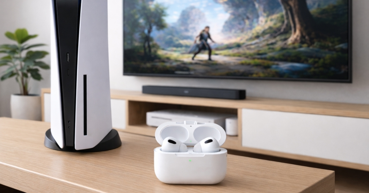 Modern gaming setup with wireless earbuds