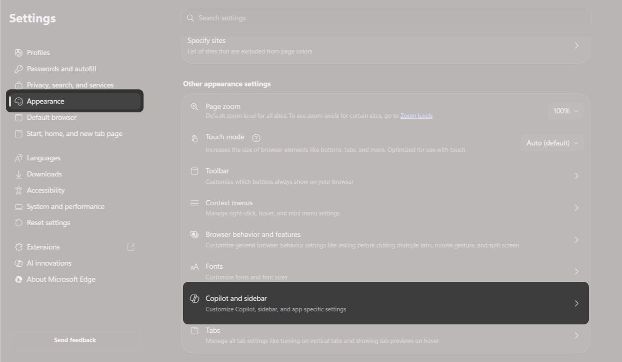 Navigate to Appearance and select Copilot and sidebar