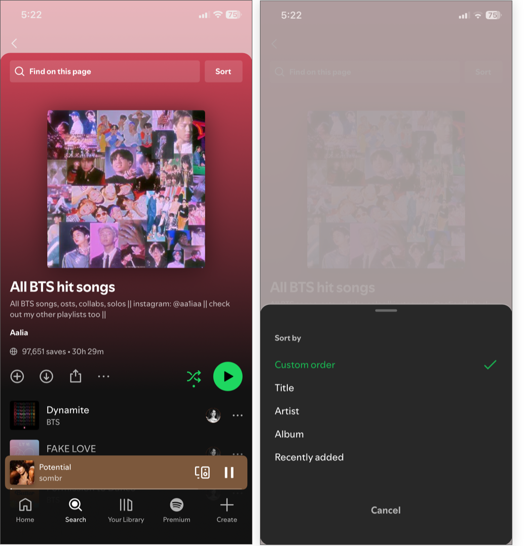 Pull down to search inside the playlist