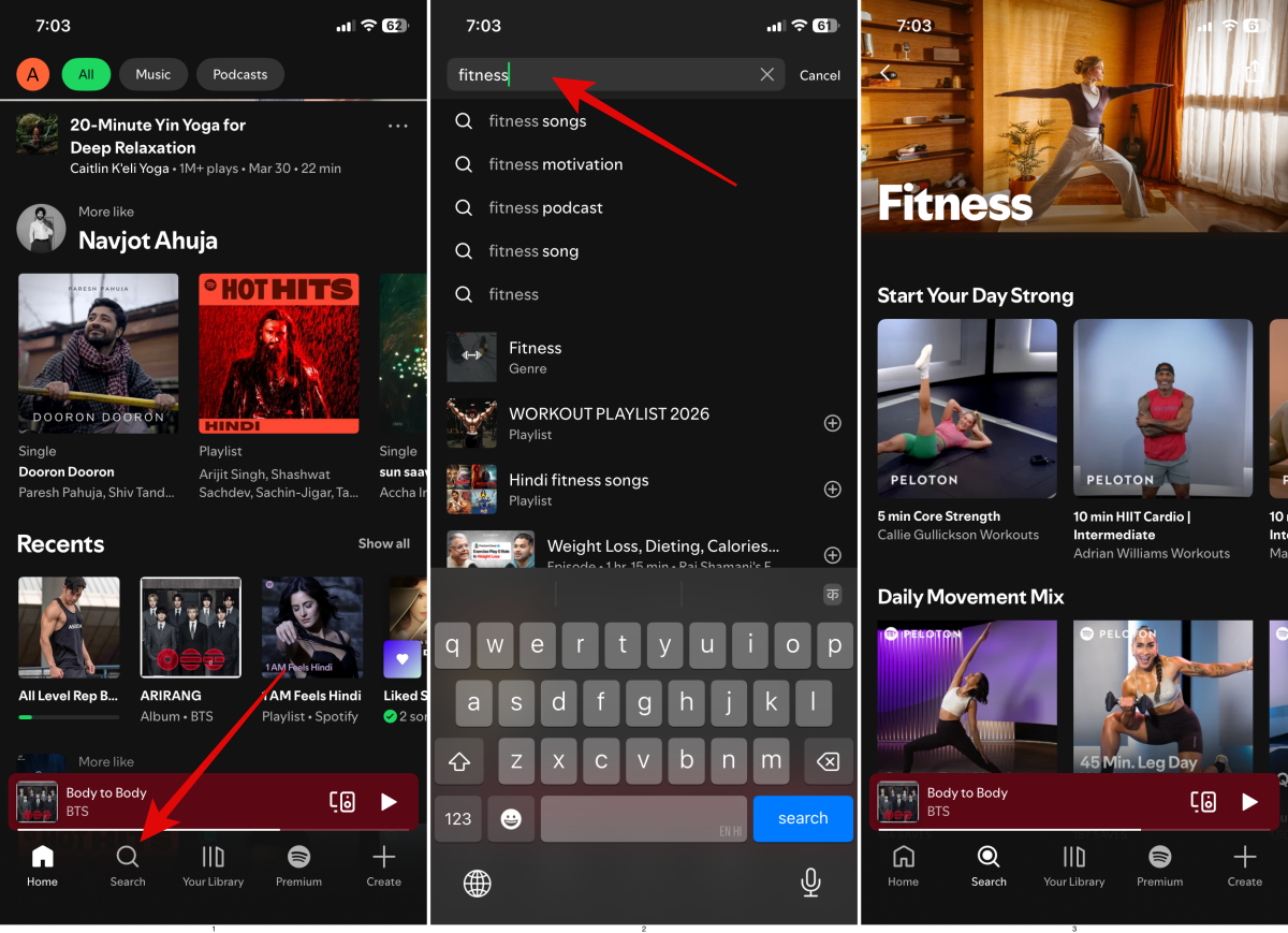 Spotify Fitness Hub Search Steps