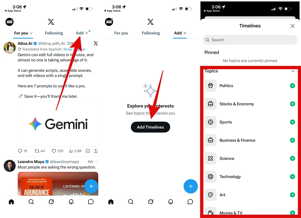 Tap Add, Add Timelines and select up to 10 topics in X app